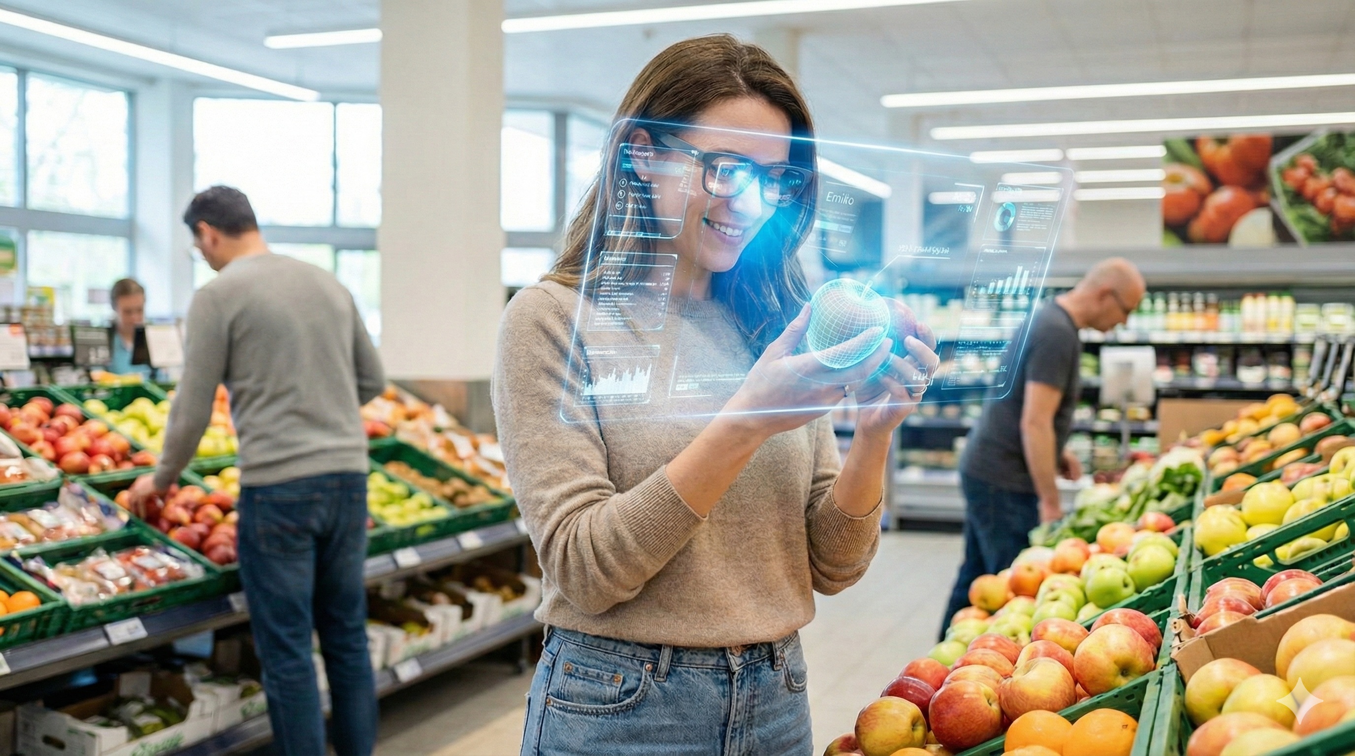 Nainen käyttää MarketGlass-laseja ruokakaupassa tarkistaakseen tuotteen tiedot.